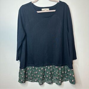 LOFT Top XL Womens Shirt Scoop Neck Knit Peplum Navy Blue Green Floral